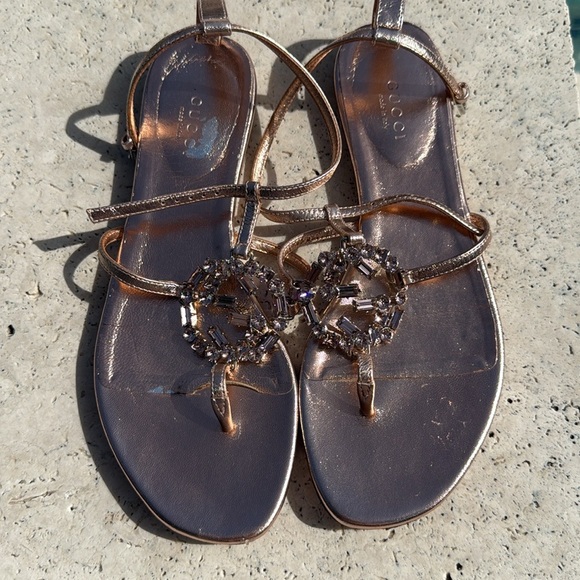 GUCCI GG Rose Gold Crystal T Strap Women's Sandals Size 36.5 💎 - Picture 1 of 4